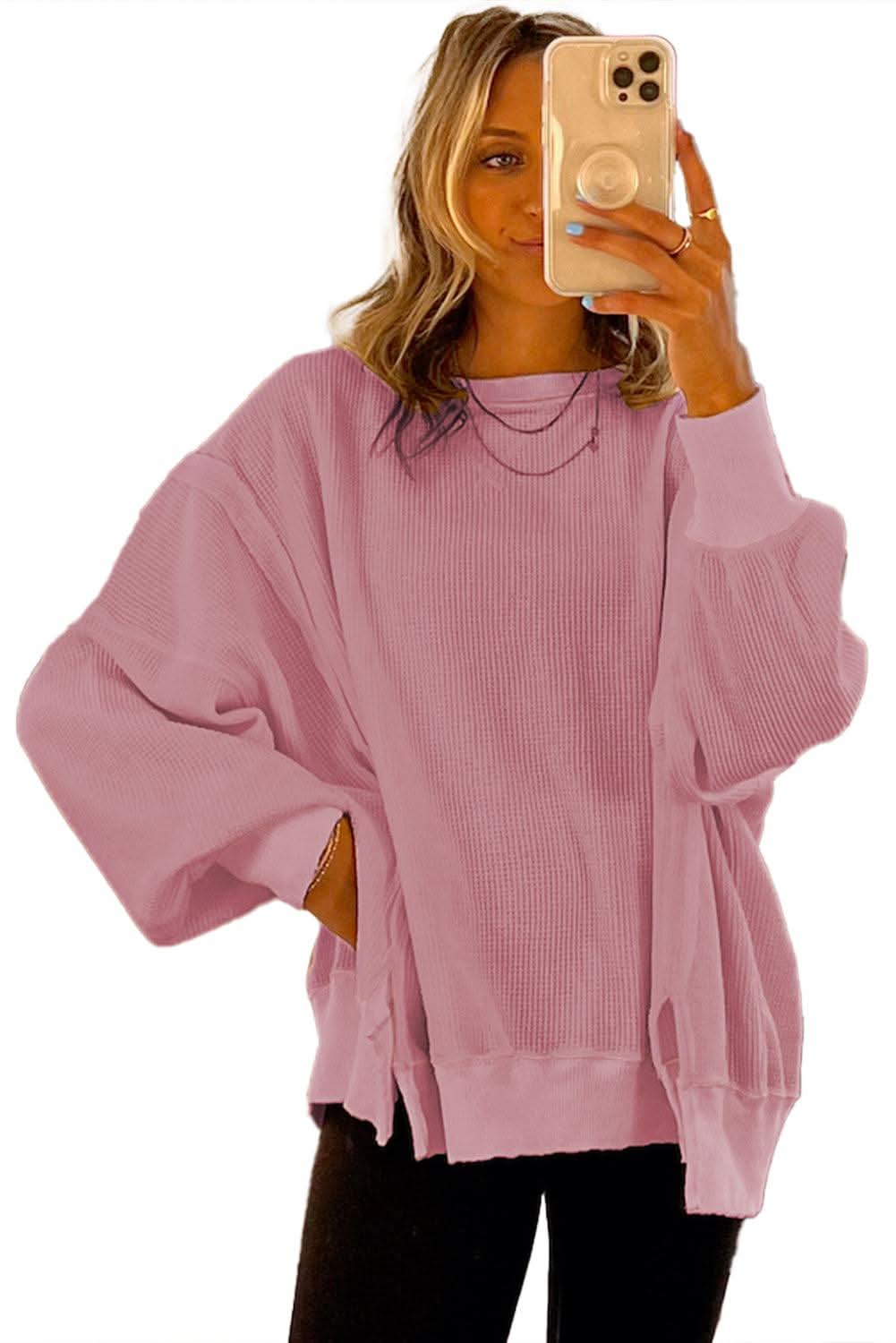 Pink Waffle Knit Bishop Sleeve Split Oversized Sweatshirt - Love Salve